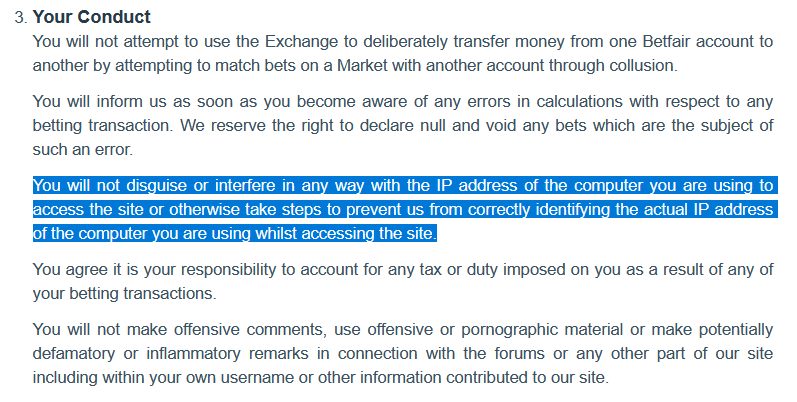 Extrait du règlement de Betfair